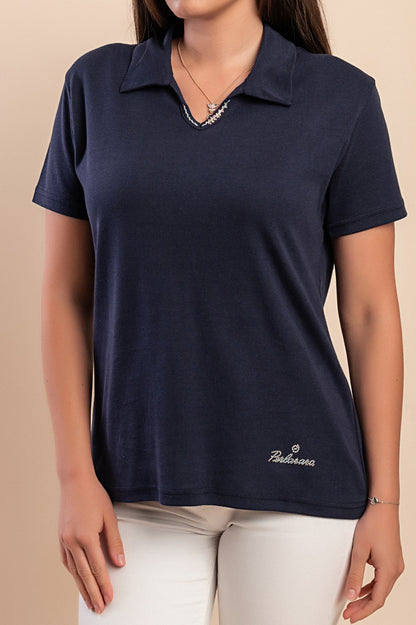 T-shirt in cotone con colletto, blu scuro