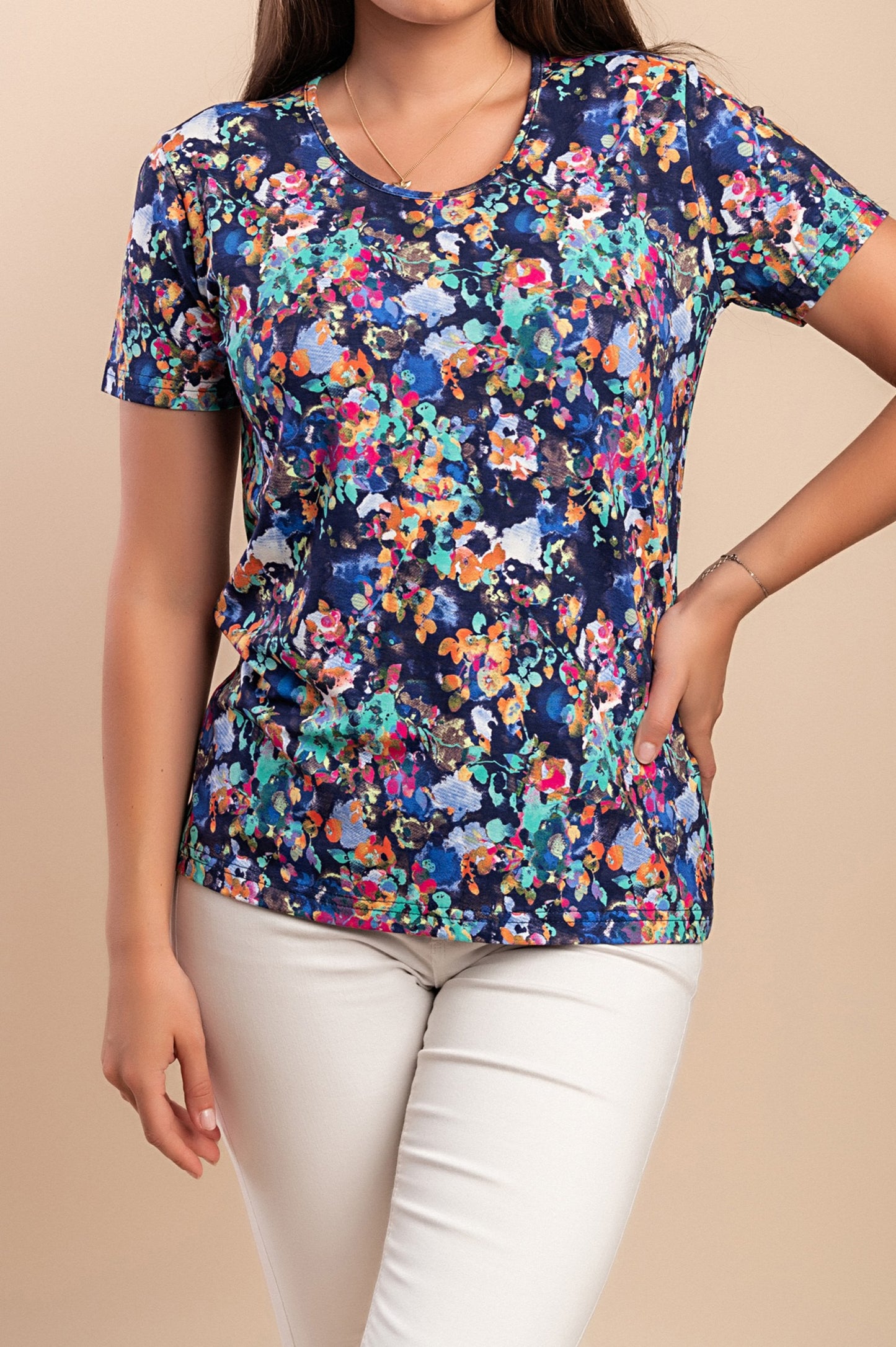 T-shirt con stampa floreale, blu scuro