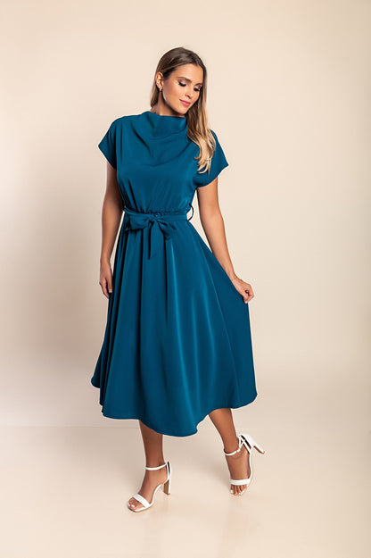 Abito midi con cintura, colore petrolio