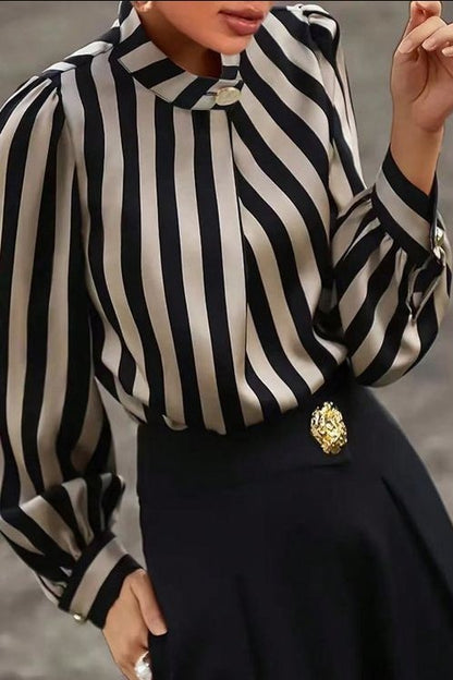 Elegante camicetta con stampa a righe, beige/nero