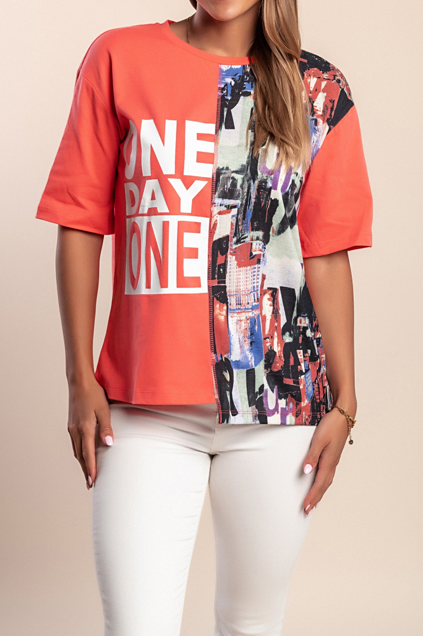 T-shirt in cotone stampato, corallo