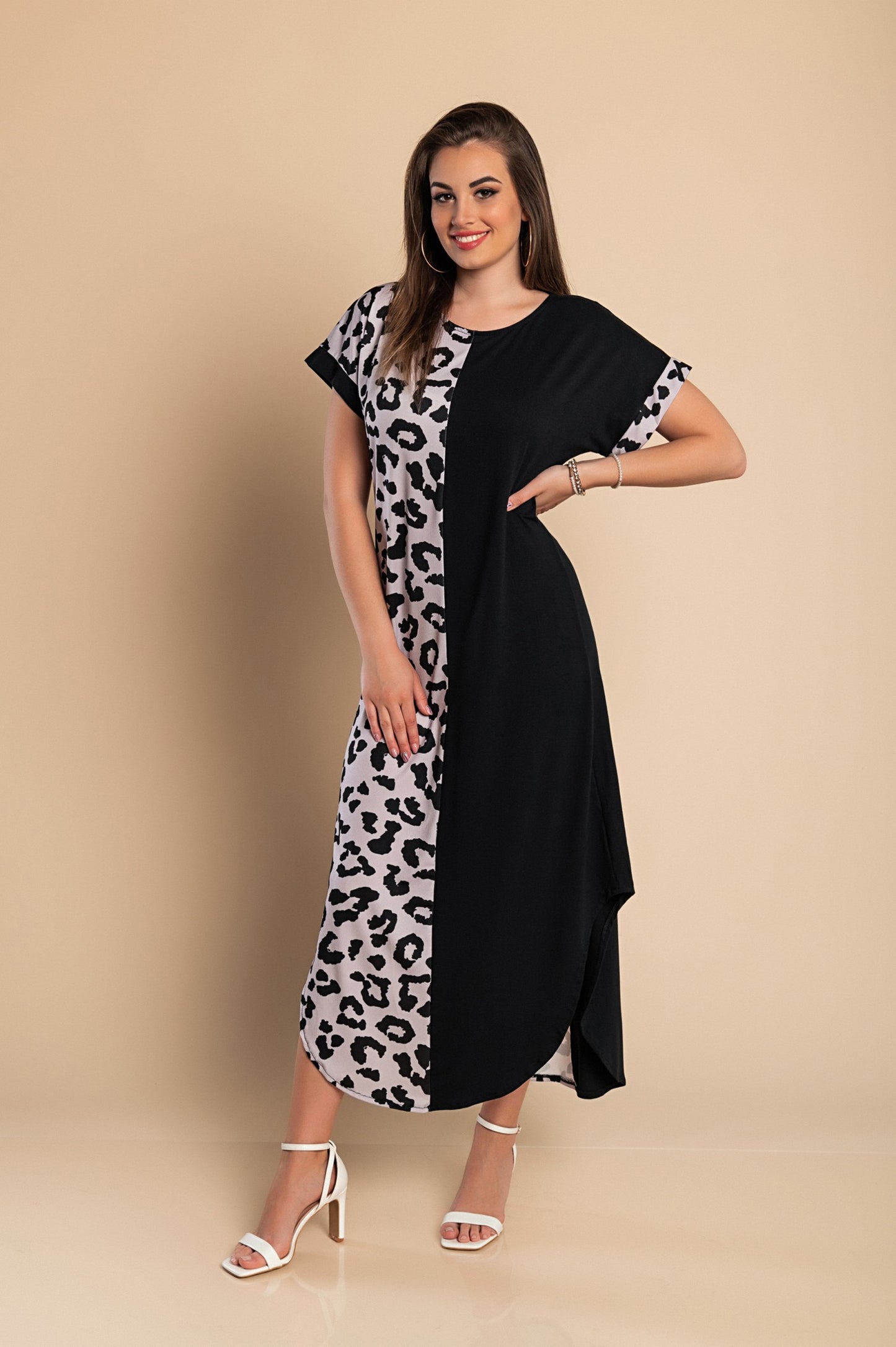 Elegante maxi abito leopardato, nero