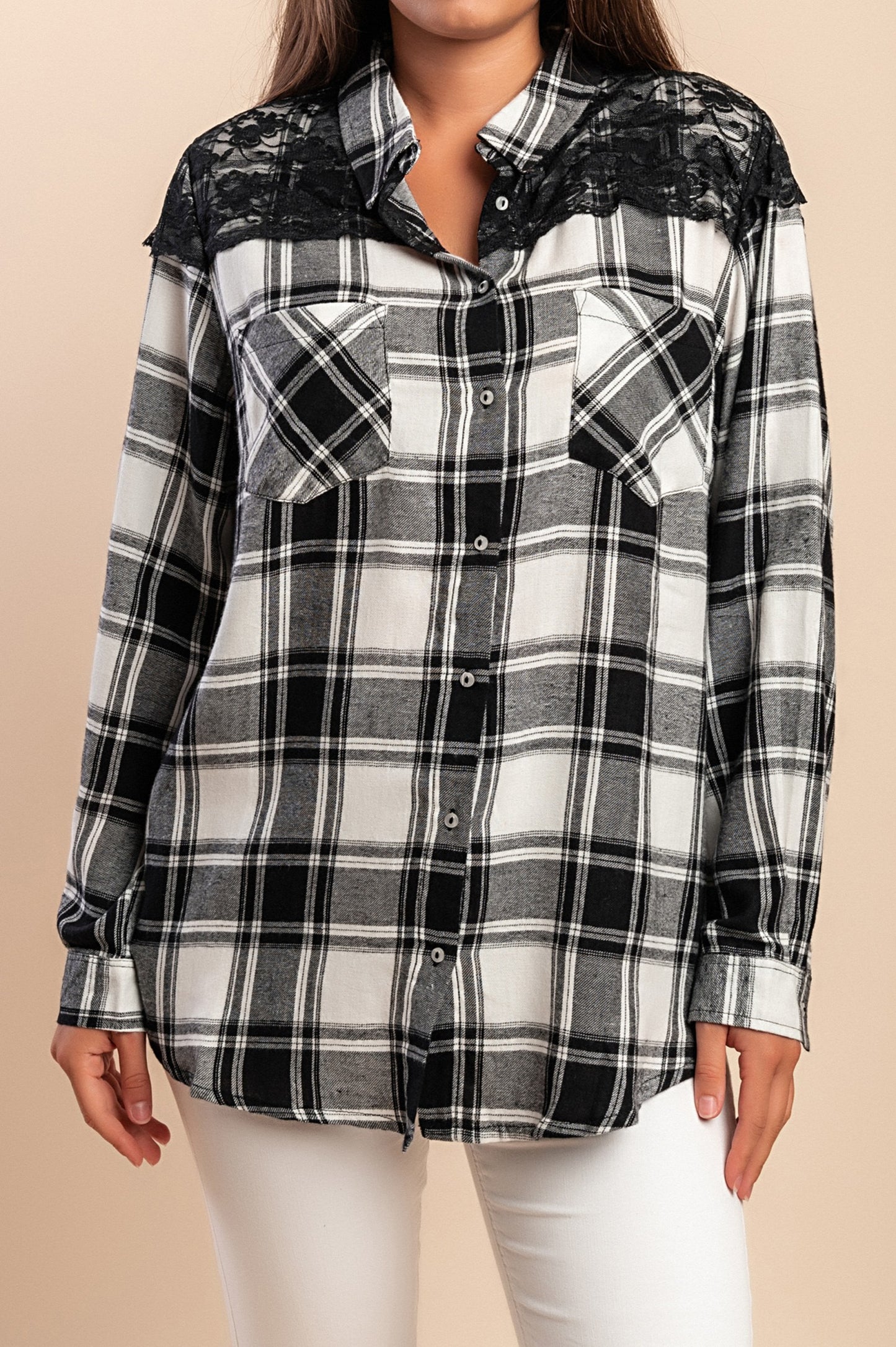 Camicia taglie forti con stampa a quadri e pizzo, grigia