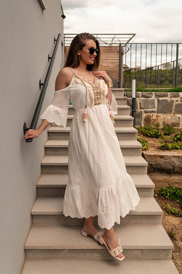 Maxi abito mare con ricamo Fioranna, bianco
