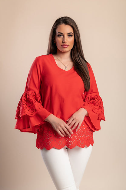 Camicetta in cotone taglie forti con volant, rossa