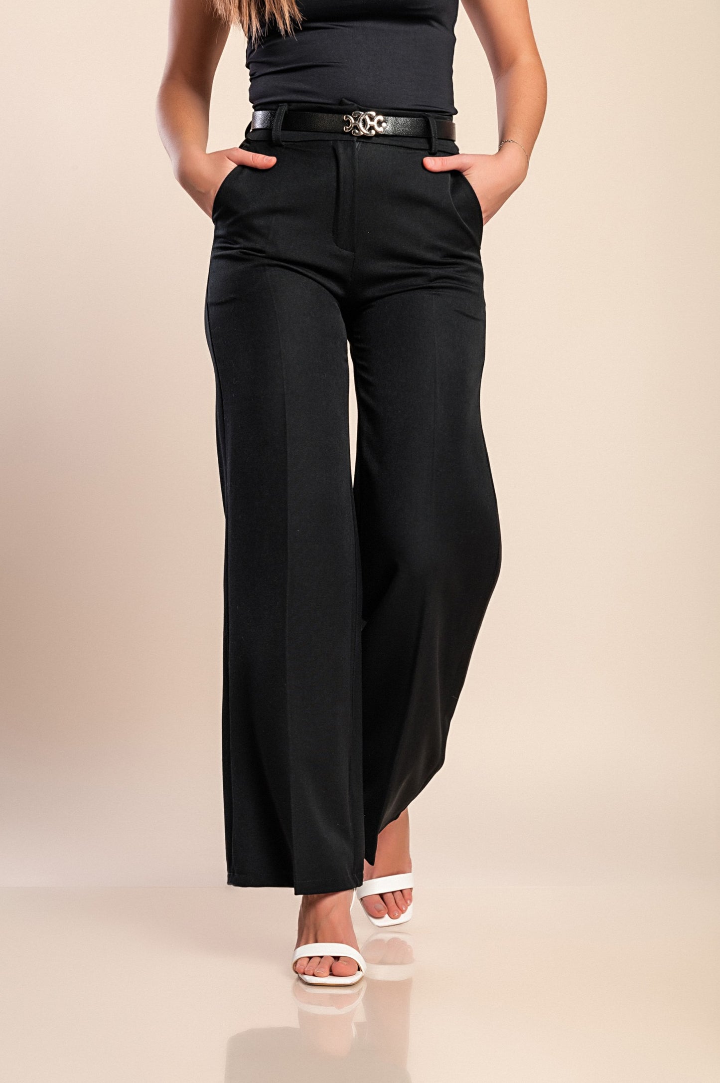 Pantaloni lunghi eleganti con cintura, neri