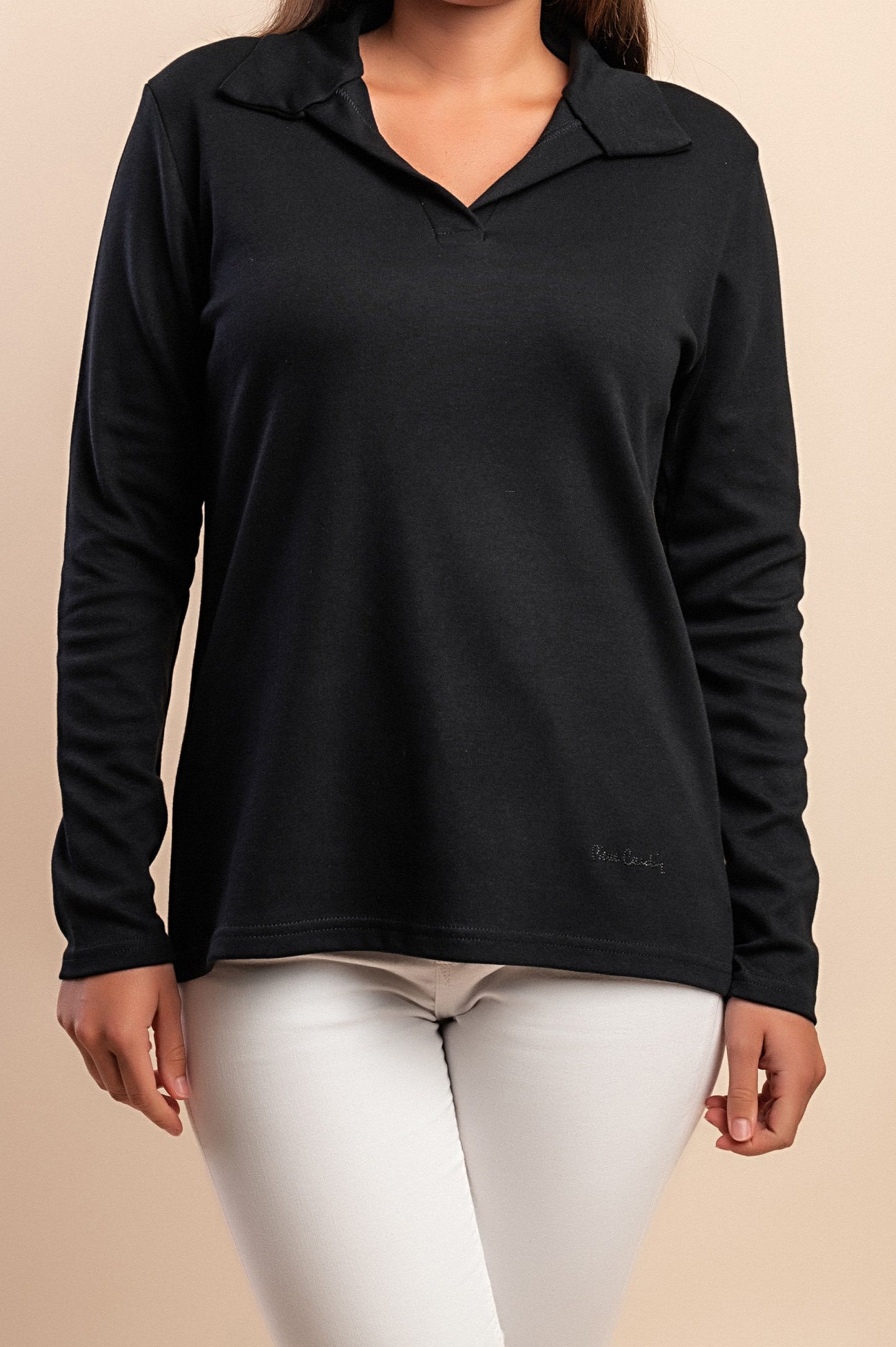 Top a manica lunga in cotone, nero