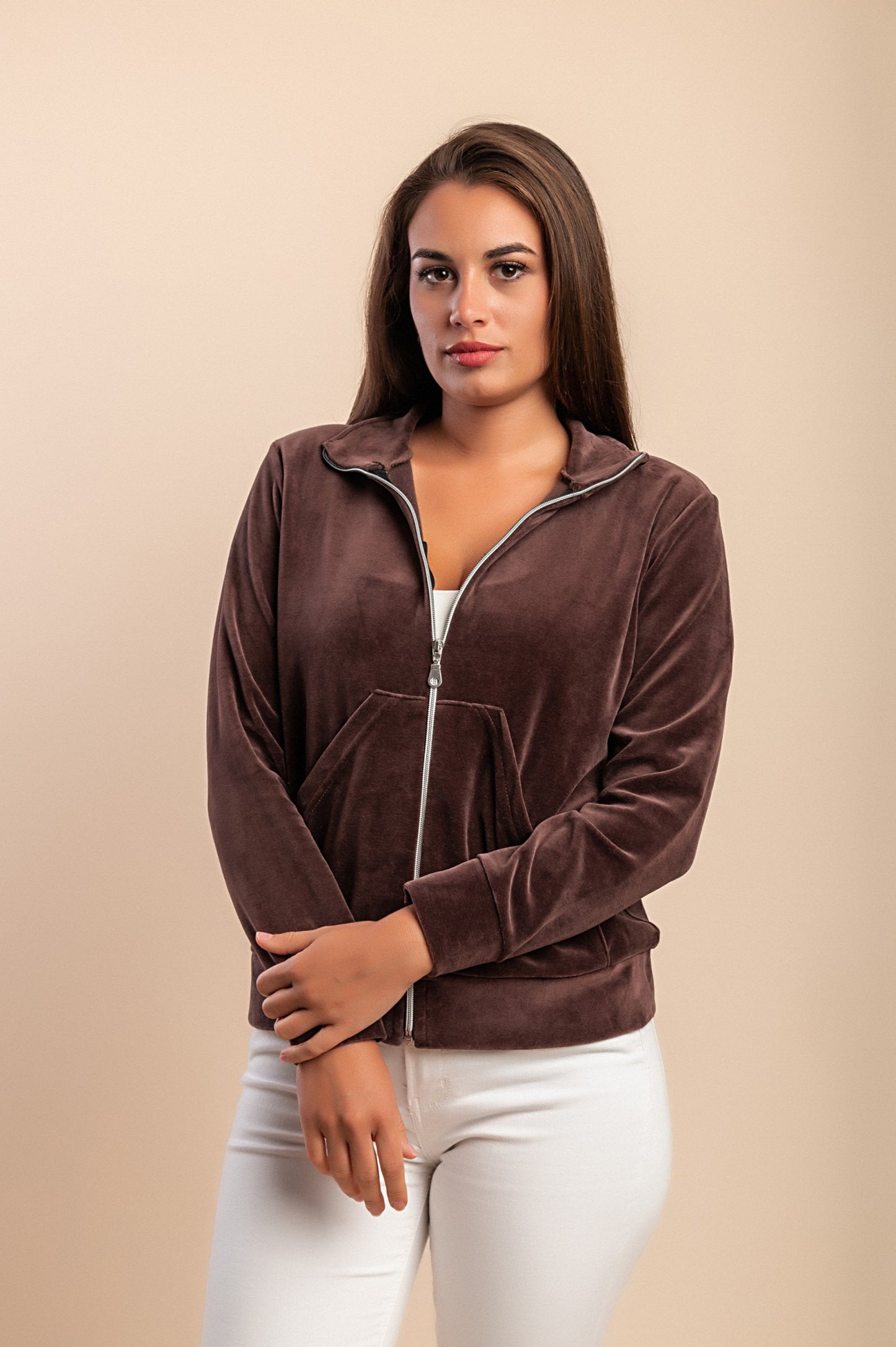 Felpa con zip in cotone e velluto sintetico, marrone