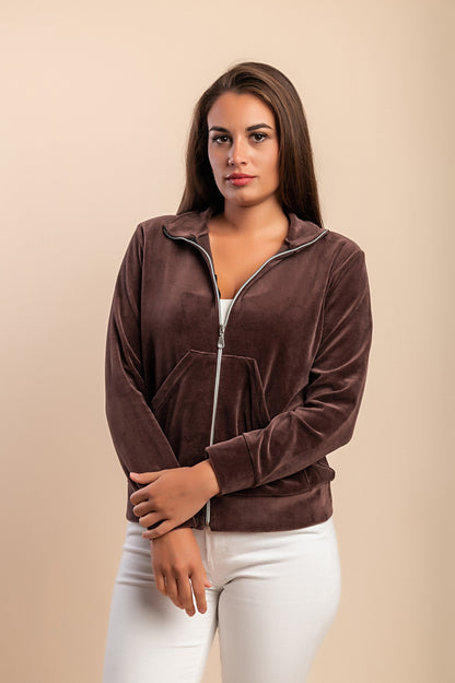 Felpa con zip in cotone e velluto sintetico, marrone