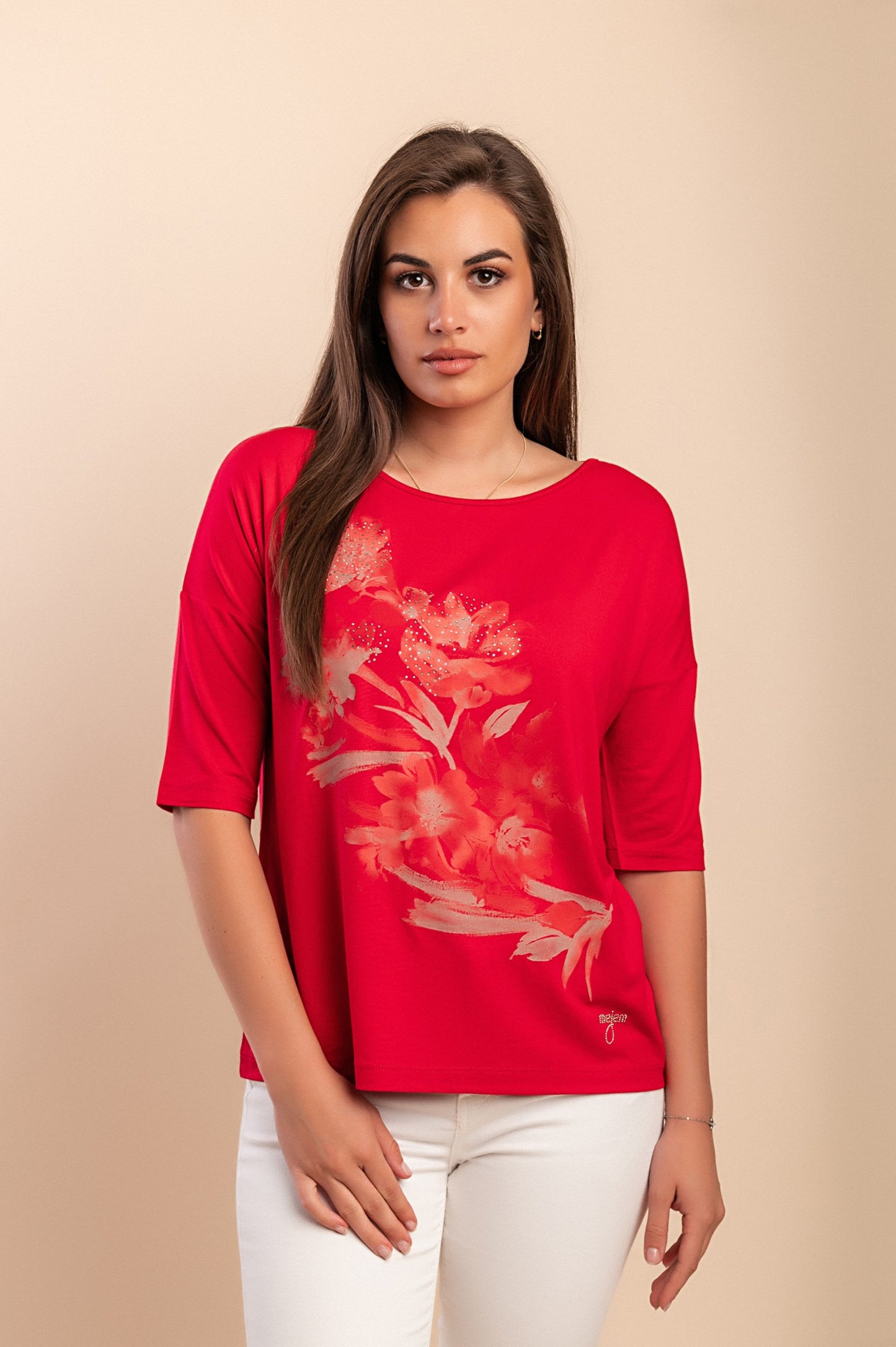 Top stampato con maniche a 3/4, rosso