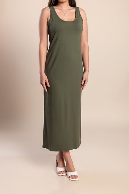 Abito lungo senza maniche, verde oliva