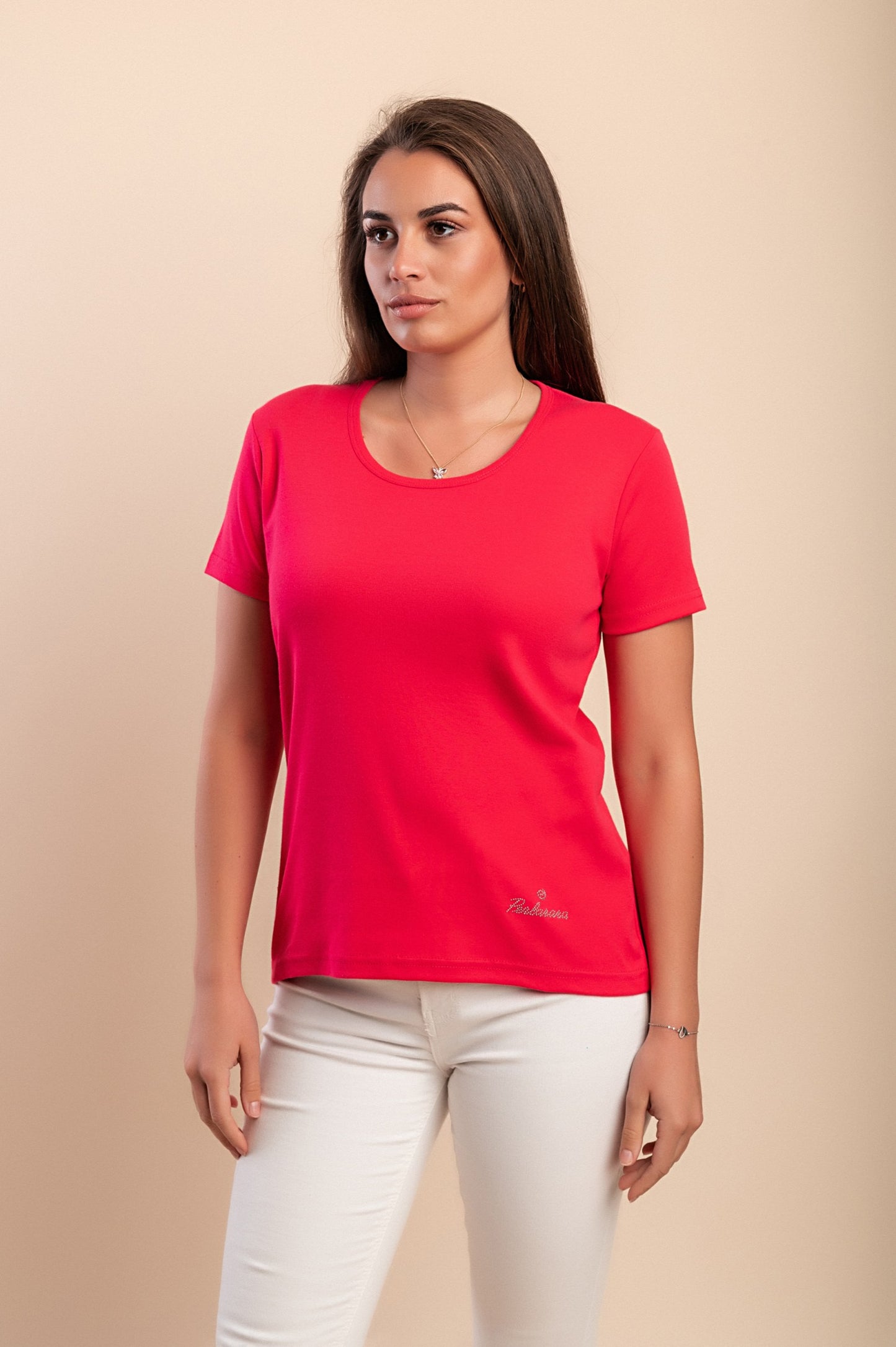 T-shirt in cotone con scollo rotondo, fucsia
