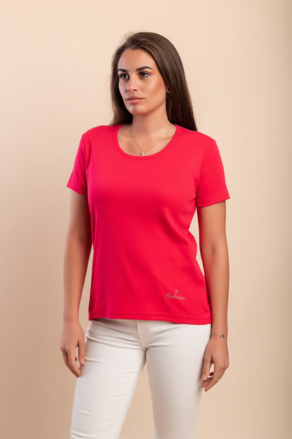 T-shirt in cotone con scollo rotondo, fucsia