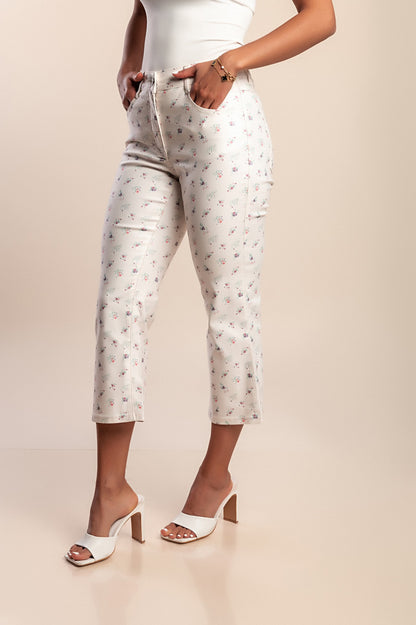 Pantaloni capri in cotone con stampa, bianchi