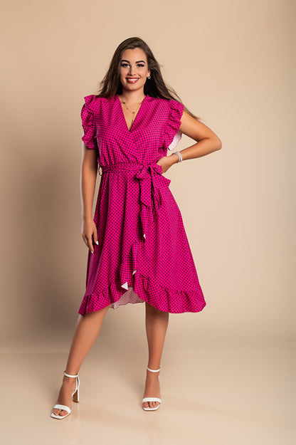 Abito midi con fantasia a pois, rosso