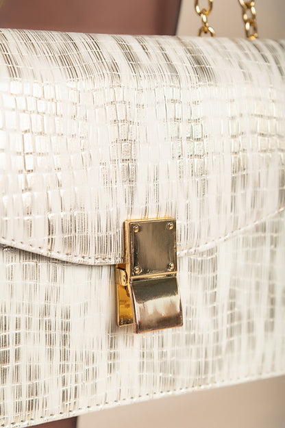Borsa a mano stampa coccodrillo, bianco-oro