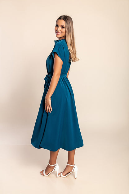 Abito midi con cintura, colore petrolio