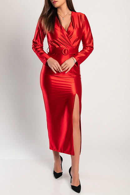 Elegante abito midi in simil raso, nero