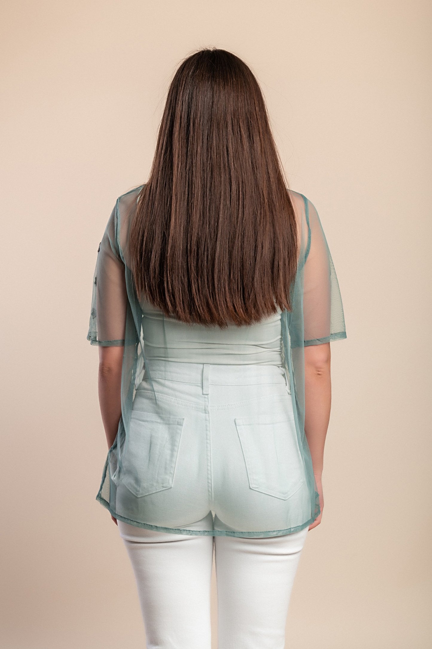 Top trasparente taglie forti con ricamo, menta