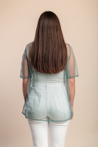 Top trasparente taglie forti con ricamo, menta