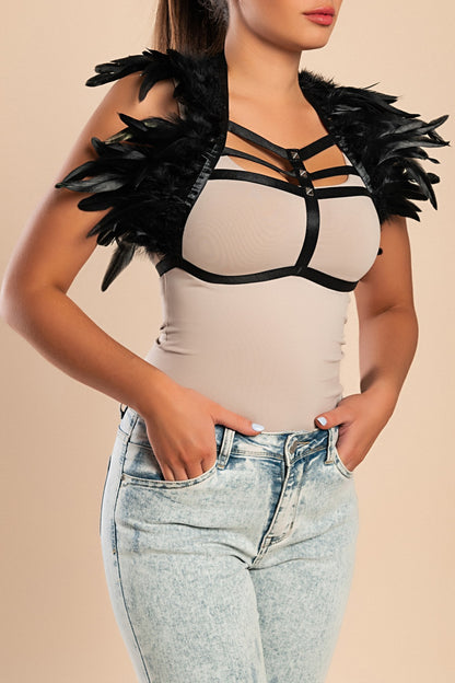 Reggiseno spalline elastiche con piume, nero