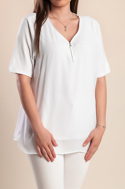 Camicetta a maniche corte con cerniera, bianca