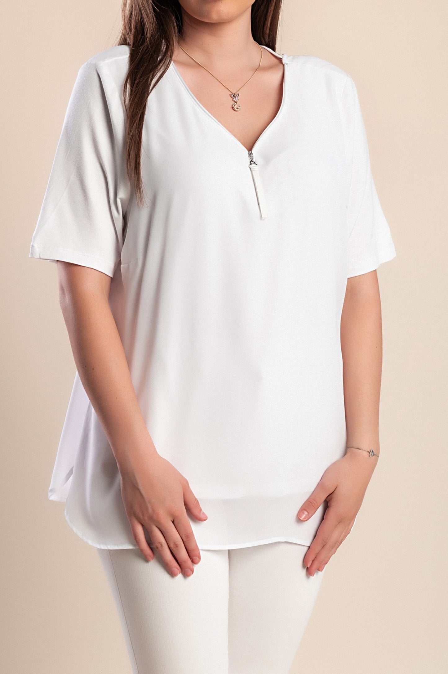 Camicetta a maniche corte con cerniera, bianca