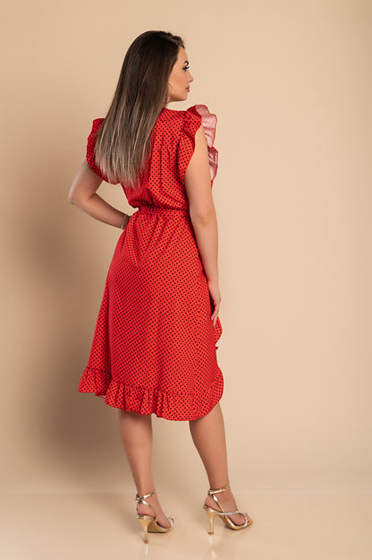 Abito midi con fantasia a pois, rosso