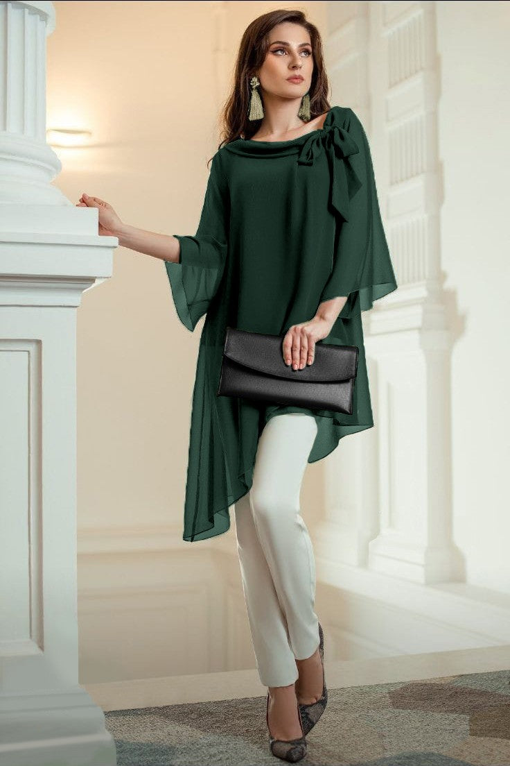 Elegante tunica in tessuto semitrasparente con fiocco decorativo  Ginette, verde scuro