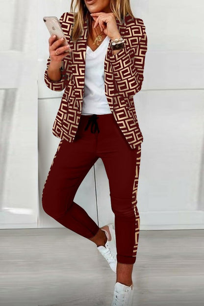 Completo pantalone con blazer elegante con stampa geometrica Nunzia, beige