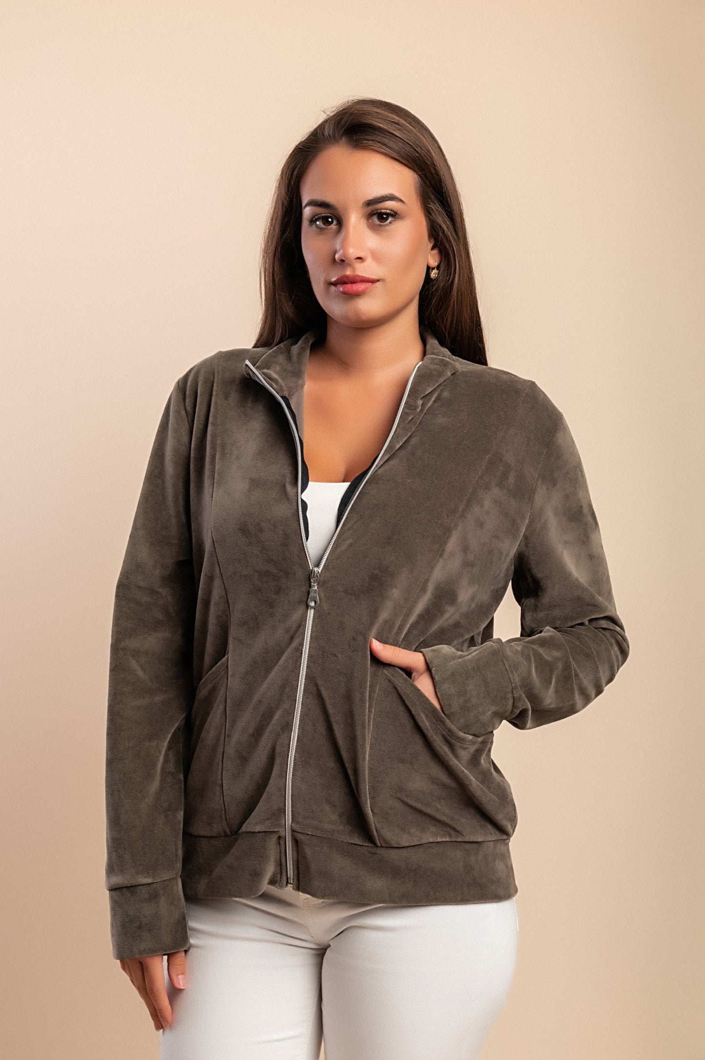 Felpa con zip in cotone e velluto sintetico, verde oliva