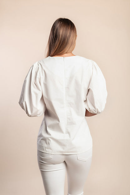 Camicetta in cotone con maniche a sbuffo, bianca