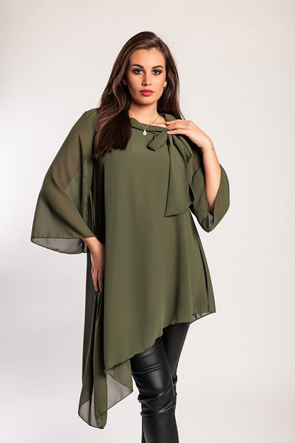 Elegante tunica in tessuto semitrasparente con fiocco decorativo  Ginette, verde scuro