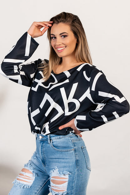 Camicia elegante con maniche lunghe e stampa lettere Osmana, nera