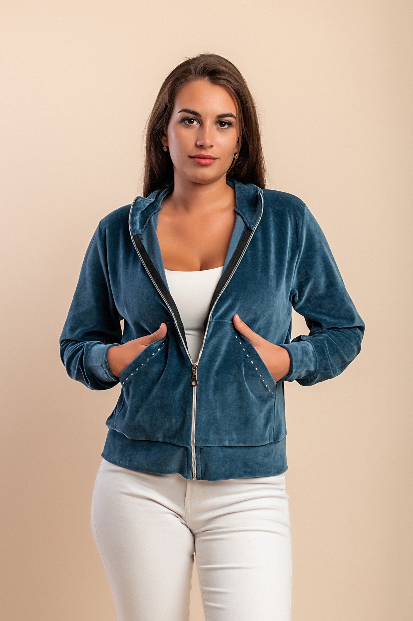 Felpa con zip in cotone e velluto sintetico, blu