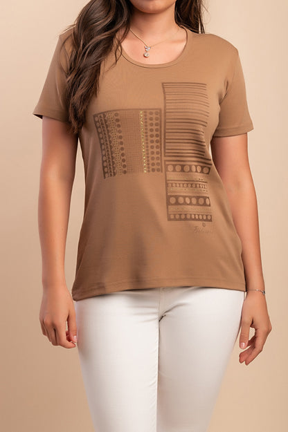 T-shirt in cotone con stampa, cammello