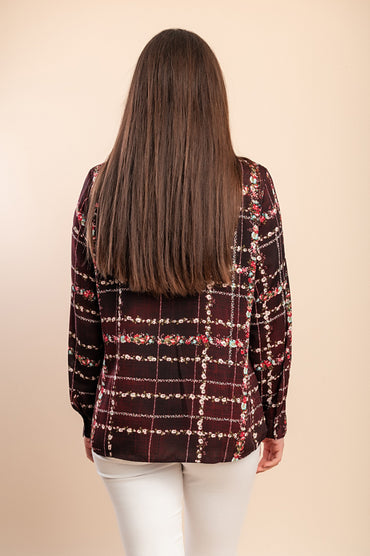 Camicia taglie forti con stampa a quadri, bordeaux