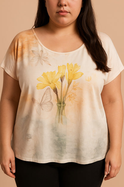 Top stampato taglie forti, giallo