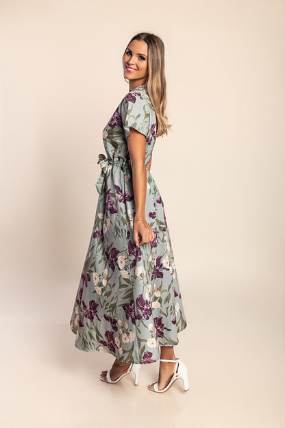 Abito lungo con stampa floreale, verde oliva chiaro