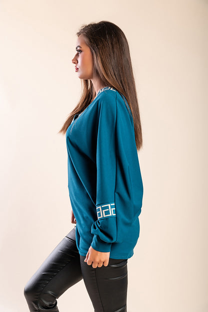 Top ampio con stampa geometrica, petrolio