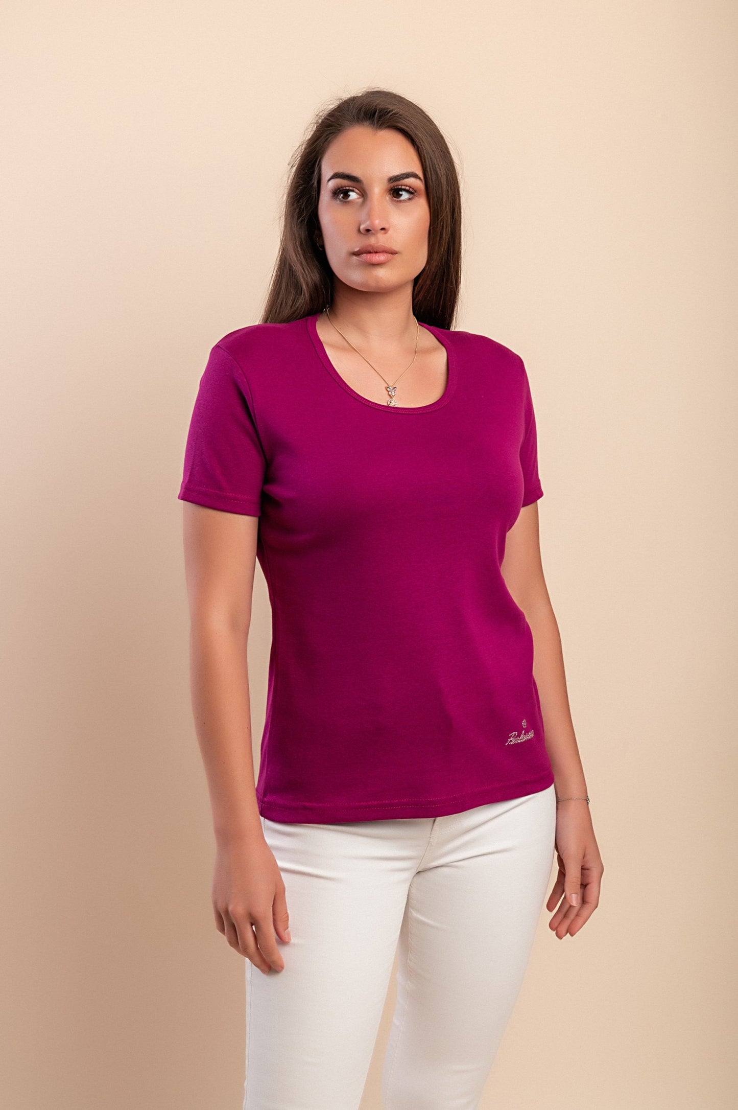 T-shirt in cotone con scollo rotondo, fucsia