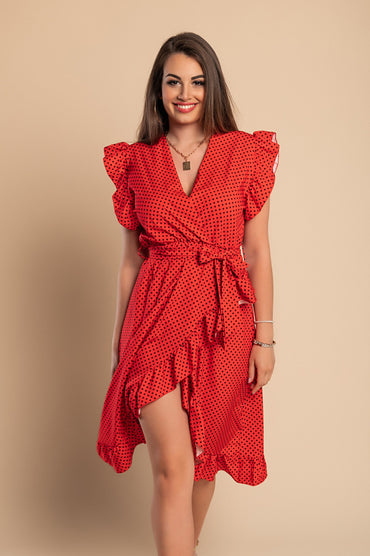 Abito midi con fantasia a pois, rosso