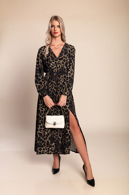 Abito lungo con stampa leopardata, beige