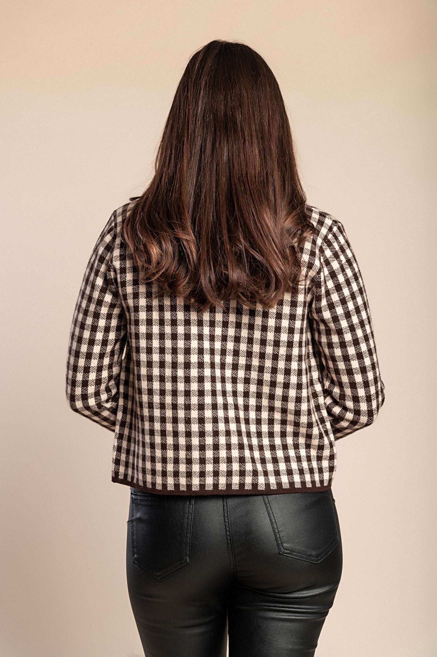 Cardigan in maglia con stampa a quadri, cammello