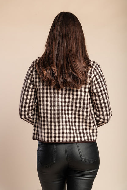 Cardigan in maglia con stampa a quadri, cammello