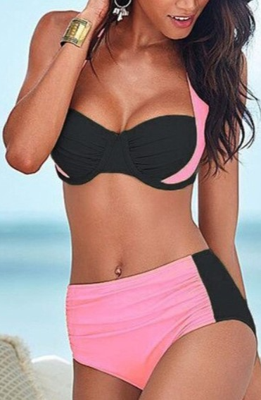 Costume da bagno due pezzi con reggiseno imbottito, nero e rosa