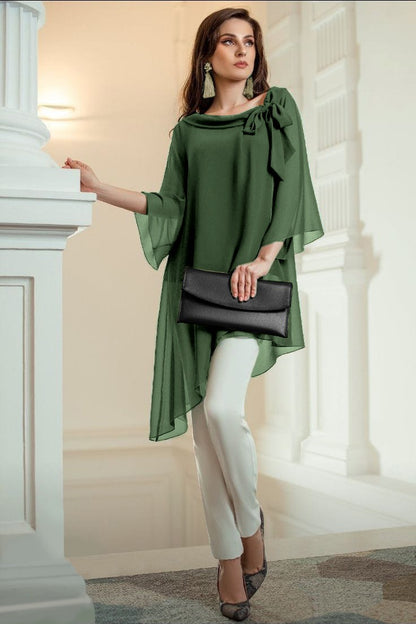 Elegante tunica in tessuto semitrasparente con fiocco decorativo  Ginette, verde scuro