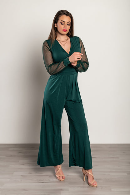 JUMPSUIT ELEGANTE CON SCOLLO A "V" E MANICHE TRASPARENTI CON RIVETTI GEORGINA, NERO