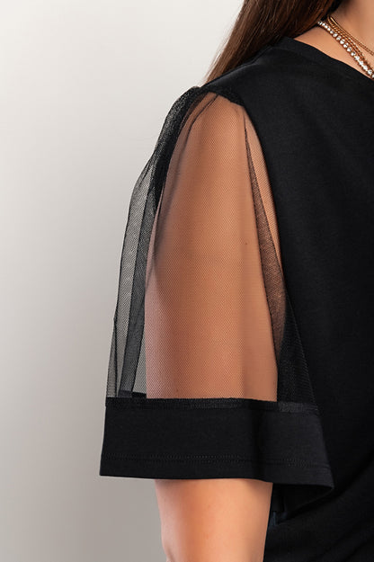 T-shirt in cotone con maniche trasparenti, nera