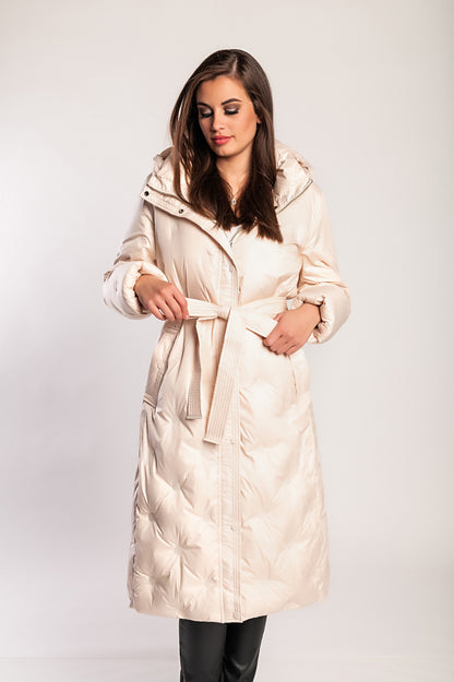 Giacca lunga imbottita con cappuccio, fucsia